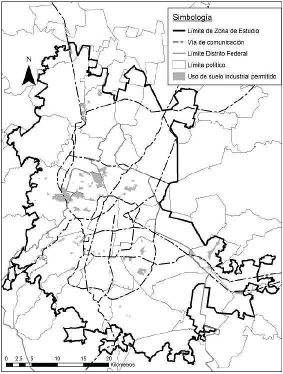 &Aacute;rea Metropolitana de la Ciudad de M&eacute;xico, localizaci&oacute;n del uso de suelo industrial permitido, 1986
