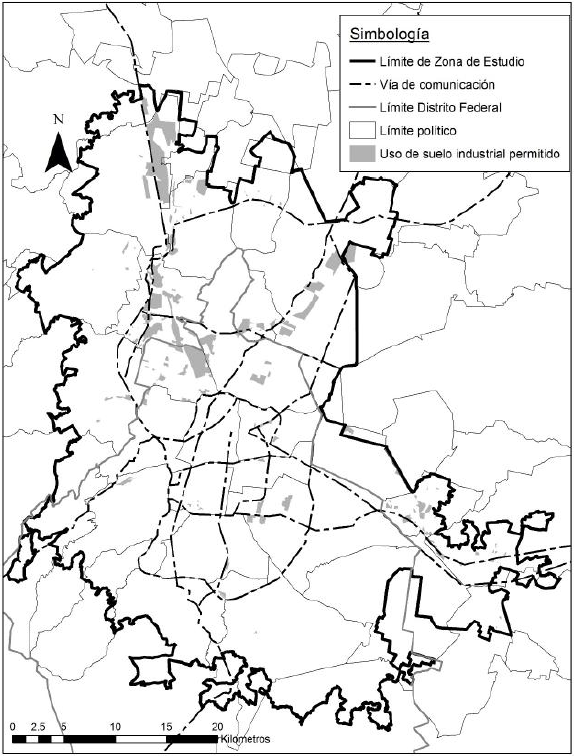 &Aacute;rea Metropolitana de la Ciudad de M&eacute;xico, localizaci&oacute;n del uso de suelo industrial permitido, 1997
