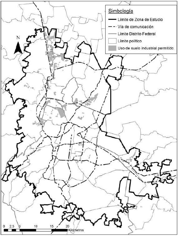 &Aacute;rea Metropolitana de la Ciudad de M&eacute;xico, localizaci&oacute;n del uso de suelo industrial permitido, 2014 (vigentes)