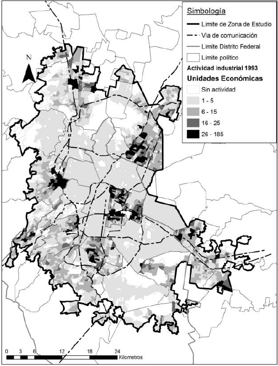 &Aacute;rea Metropolitana de la Ciudad de M&eacute;xico, distribuci&oacute;n microespacial de unidades econ&oacute;micas del sector industrial manufacturero, 1993