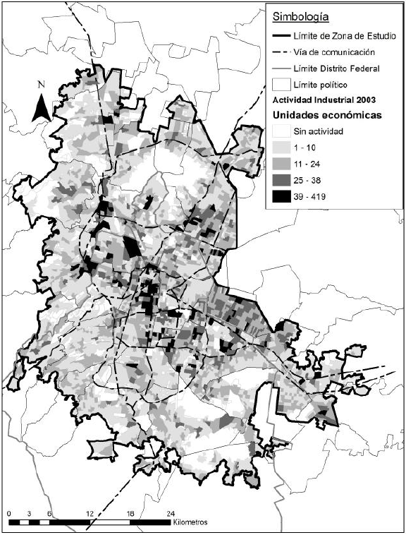 &Aacute;rea Metropolitana de la Ciudad de M&eacute;xico, distribuci&oacute;n microespacial de unidades econ&oacute;micas del sector industrial manufacturero, 2003