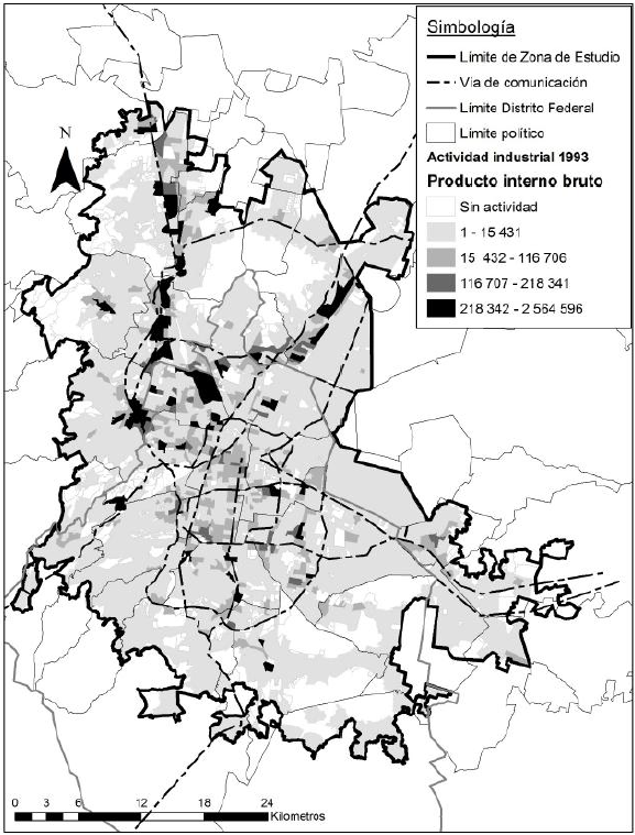 &Aacute;rea Metropolitana de la Ciudad de M&eacute;xico, distribuci&oacute;n de la producci&oacute;na del sector manufacturero, 1993