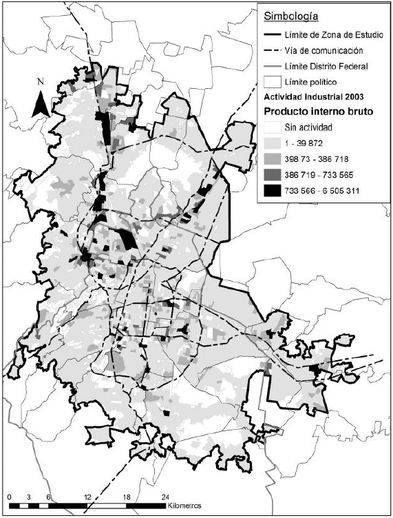 &Aacute;rea Metropolitana de la Ciudad de M&eacute;xico: distribuci&oacute;n de la producci&oacute;na del sector manufacturero, 2003