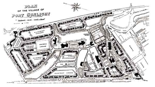 Plano de la comunidad obrera de Port Sunlight; la separación entre edificaciones garantizaba el acceso solar a cada vivienda