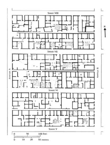 Trazado de las calles de Olynthus, con todas sus edificaciones orientas al sur