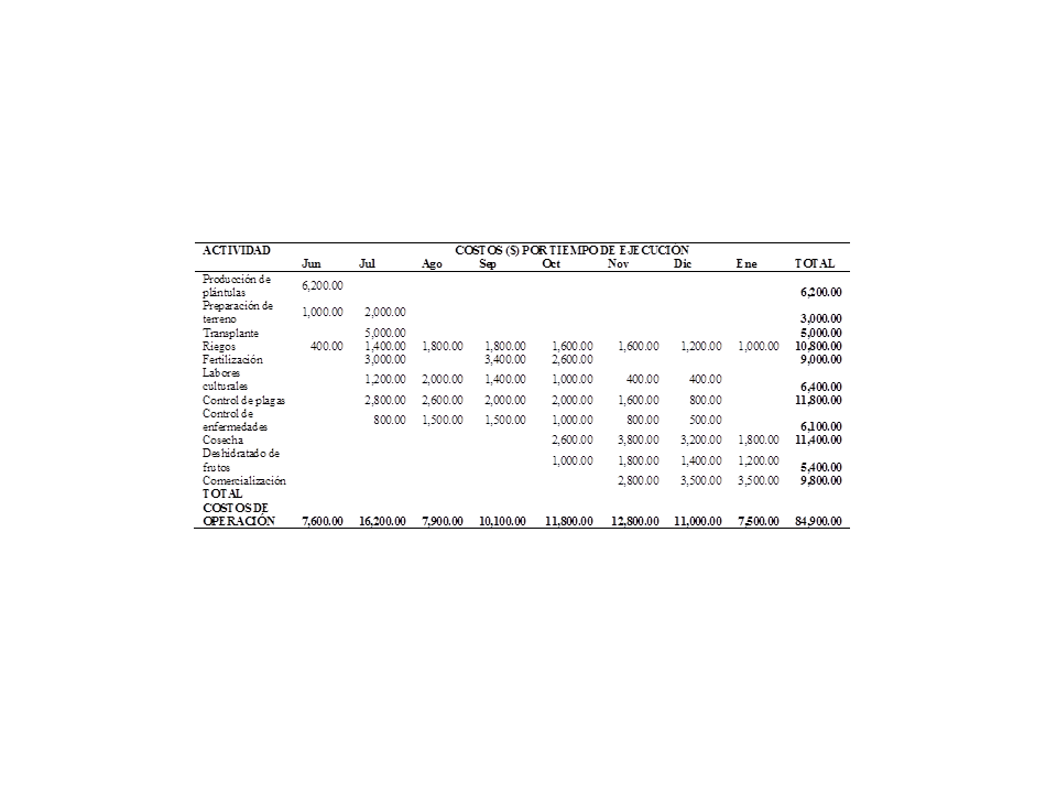 
Costos de producci&oacute;n por actividad agr&iacute;cola y tiempo en el proceso productivo
del chile Huacle en San Juan Bautista Cuicatl&aacute;n, Oaxaca. Ciclo oto&ntilde;o invierno 2014-2015