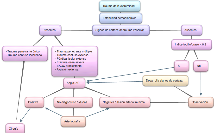 Algoritmo para
trauma de extremidad, adaptado del protocolo de Hospital San Vicente Fundación.
EAOC Enfermedad arterial obstructiva crónica.