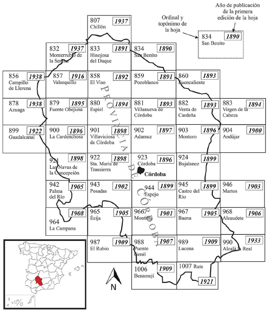 Distribución aproximada y año de la 1ª edición de las hojas del Mapa Topográfico Nacional del IGN en la provincia de Córdoba.