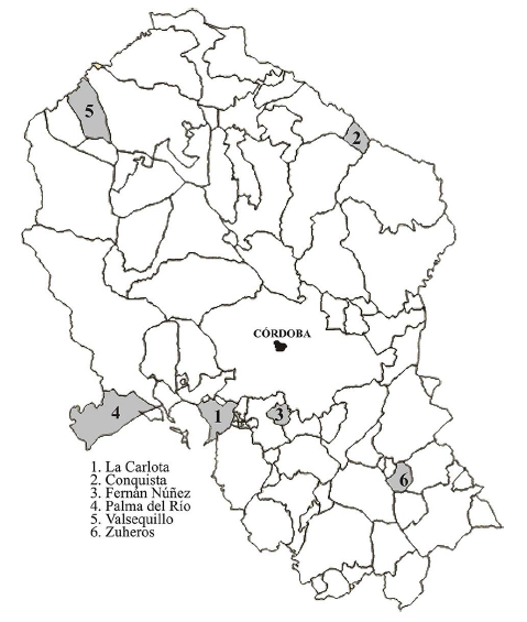 Situación de los términos municipales seleccionados para la provincia de
Córdoba.