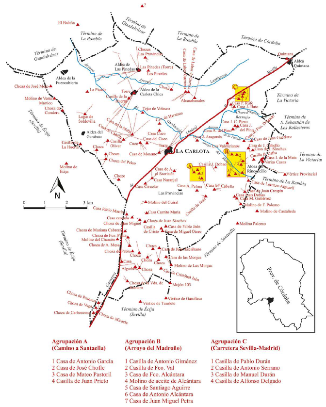 Esquema del término de La Carlota y del hábitat empleado como referencia planimétrica y geodésica en la “minuta” de su término,
fechada el 6 de agosto 1872. Con texto rojo se expresa el poblamiento de
referencia utilizado. Con líneas rojas discontinuas se indican las principales
mediciones y rumbos trazados. Escala original 1:25.000.