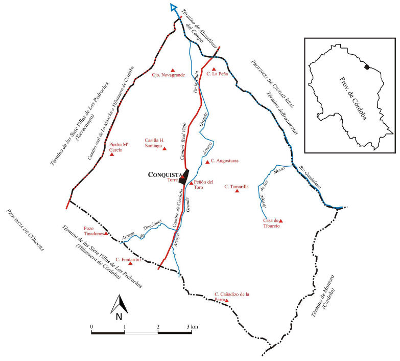 Término de Conquista y del hábitat empleado como referencia en su “minuta”
topográfica (1871). En rojo: poblamiento de referencia. Escala original
1:25.000.