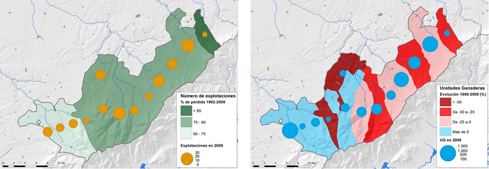 Distribución espacial y evolución del número de explotaciones agrarias y
distribución espacial y evolución del número de unidades ganaderas (UG) en los
municipios del área de estudio