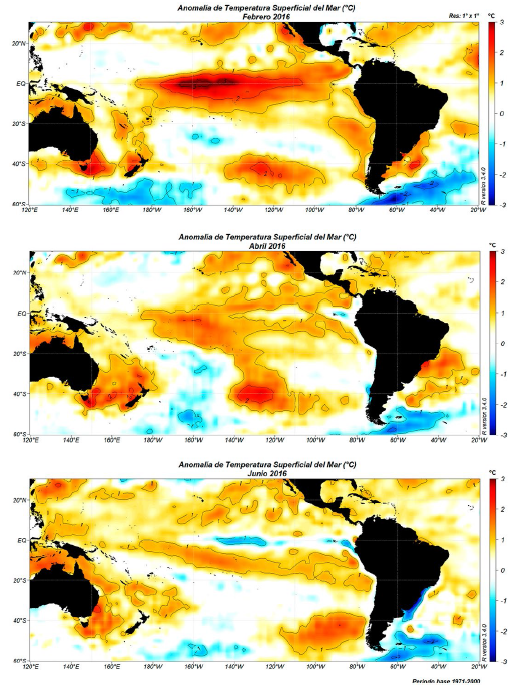 Anomal&iacute;a de la Temperatura
Superficial del Mar (TSM) en grados Celsius para febrero, abril y junio de
2016.