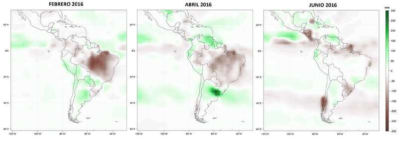 Anomal&iacute;a de precipitaci&oacute;n (mm)
para febrero, abril y junio de 2016.