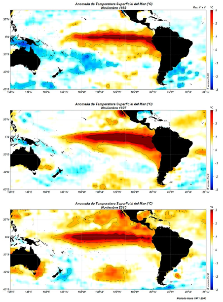 Anomal&iacute;a de la Temperatura
Superficial del Mar (&deg;C) para el mes de noviembre de los a&ntilde;os de 1982, 1997 y
2015.