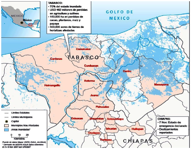 Identificación de zonas inundadas en el 2007
en la cuenca baja del río Grijalva