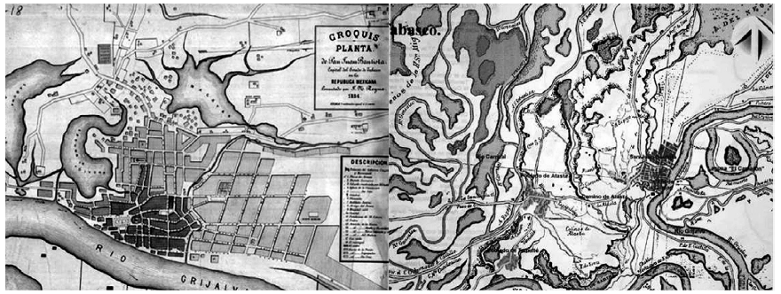 San Juan Bautista: (a) sus humedales en
1884, (b) sus poblados Atasta-Tamulté y el sistema
hidrológico