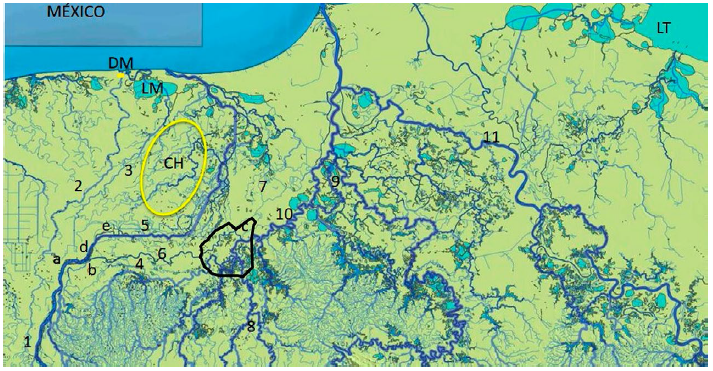 Red fluvial superficial en la cuenca baja
del río Grijalva, sureste de México
