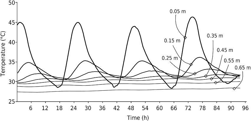 Temperature variation in soil at different depths with time, experiment from April 15-19, 2013 at the Universidad Veracruzana Campus Coatzacoalcos, Veracruz, Mexico.