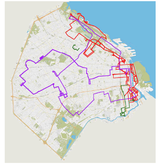Tours observados en la ciudad de Buenos Aires. Los tradicionales figuran en color rojo y los alternativos en color violeta (ET) y verde (Graffitimundo)