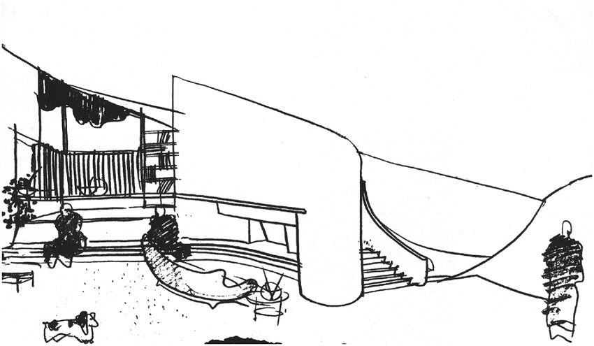 Casa Calderón. Perspectiva desde el salón. Dibujo de Fernando Martínez Sanabria.