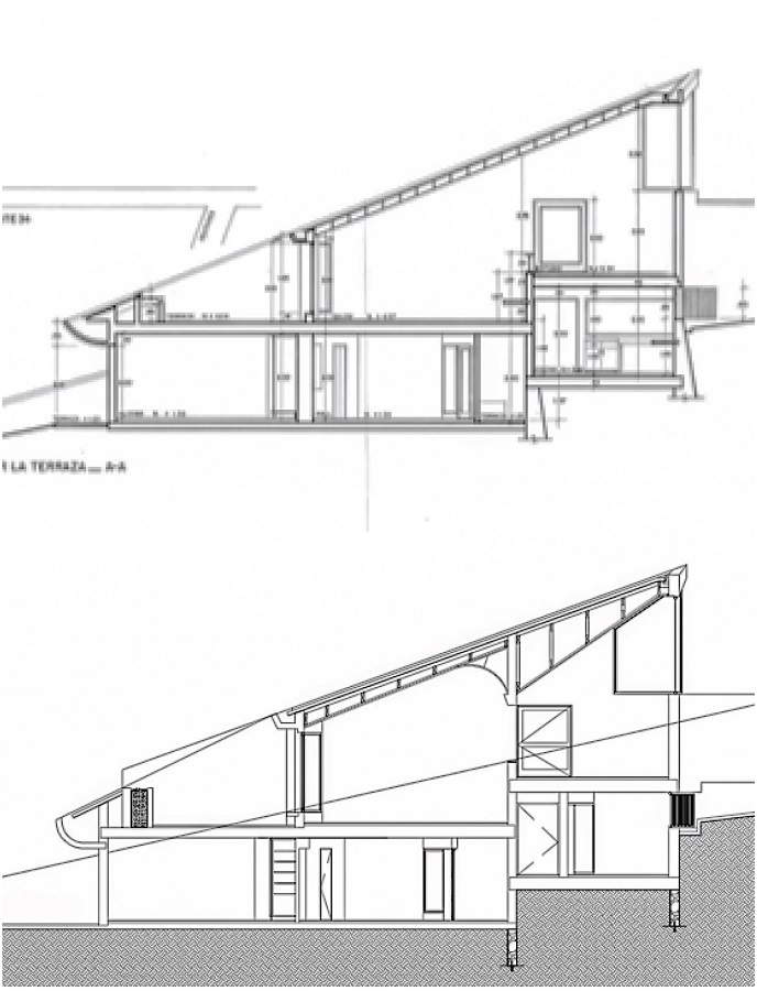 Casa Calderón. Comparación entre la sección del proyecto original (arriba) y la construida (abajo).