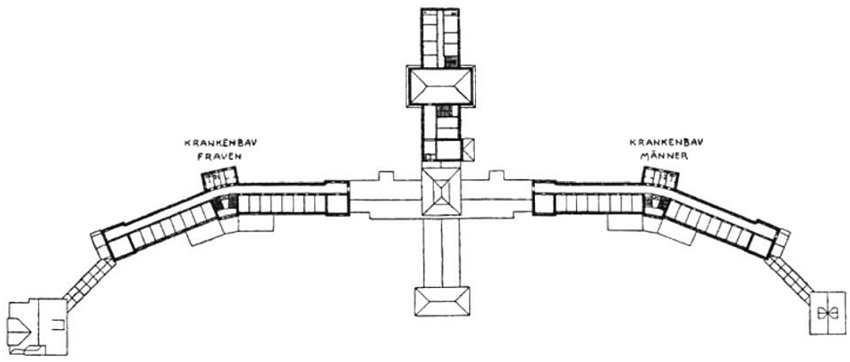 Sanatorio Ideal en Inglaterra, 1902. Plano de la segunda planta de habitaciones.