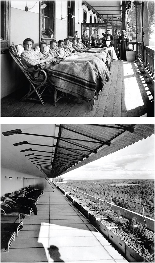 Liegehalle del Sanatorio Alemán en Davos, 1901; Liegehalle de la azotea solárium del Sanatorio Paimio en Paimio, 1933.