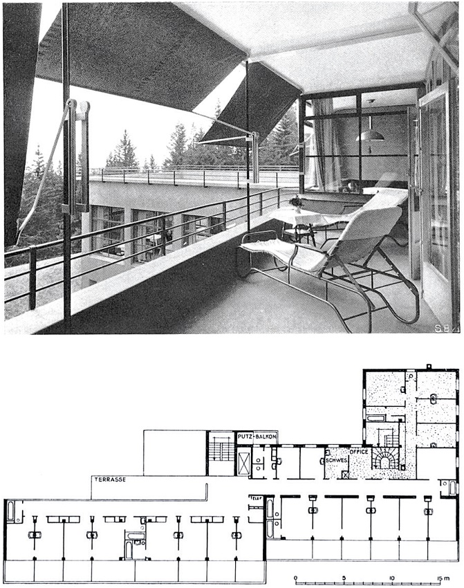 Hôtel de sport Bella Lui en Crans-Montana, 1928-1930. Vista de las terrazas y plano de la tercera planta.