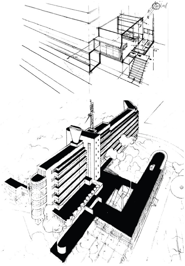 Hotel Latitude 43 en Saint-Tropez, 1929-1932. Perspectiva aérea y la unidad de habitación.