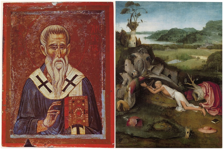 Compara&ccedil;&atilde;o entre uma pintura medieval an&ocirc;nima, &agrave; esquerda (&iacute;cone de S&atilde;o Antipas de P&eacute;rgamo, autor desconhecido, s&eacute;culo XIII), com uma pintura em perspectiva, &agrave; direita (S&atilde;o Jer&oacute;nimo, Hieronymus Bosch, s&eacute;culo XV). Dom&iacute;nio p&uacute;blico.