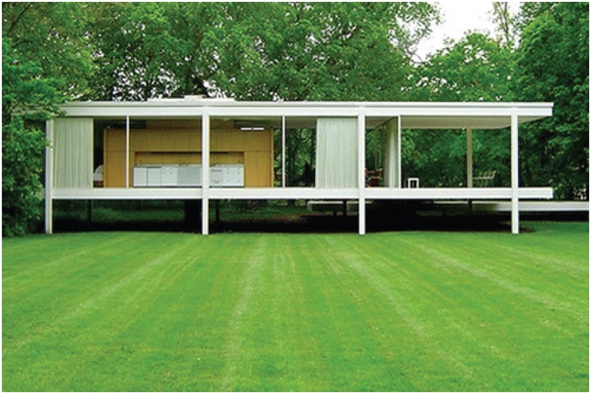 Vista externa da resid&ecirc;ncia Farnsworth, Mies Van der Rohe. Illinois, EUA, 1945-1951.