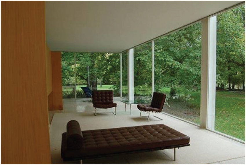 Vista interna da resid&ecirc;ncia Farnsworth, Mies Van der Rohe. Illinois, EUA, 1945-1951.