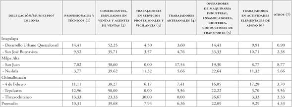 Tipo de ocupación por colonia (en porcentajes)
