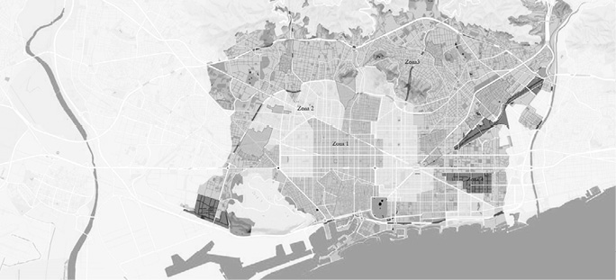 Zonas de alojamiento tur&iacute;stico en las que queda dividiva Barcelona tras la aprobaci&oacute;n del Plan Especial Urban&iacute;stico de Alojamientos Tur&iacute;sticos (peuat)