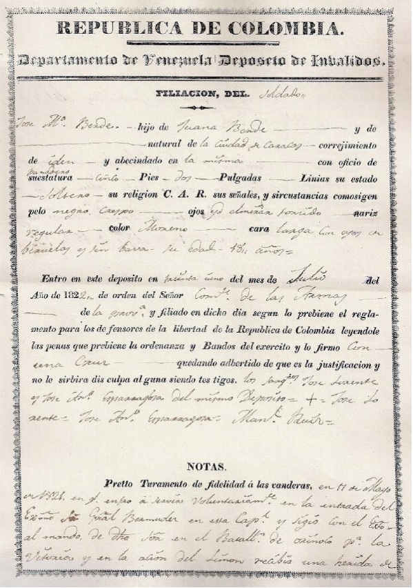 Hoja
de filiación del Soldado José María Berde al depósito de inválidos de Caracas
en 1822