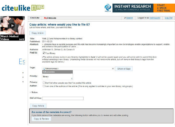 Ingreso de etiquetas en CiteULike