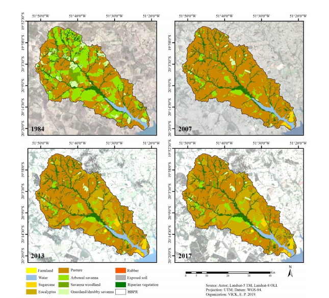 Maps of land cover and use in the HBPR, in Mato Grosso do Sul, Brazil, in the different years of the study period.