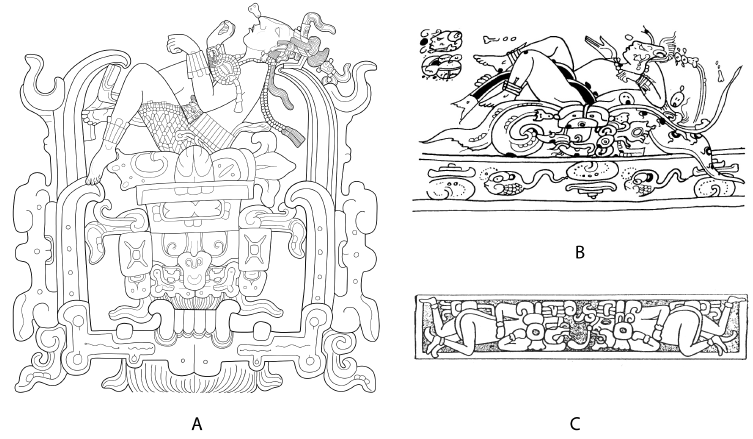 A) Detalle de lápida del Templo de las Inscripciones, Palenque. Dibujo de Daniel Salazar; B) Detalle de vaso estilo Códice de Calakmul. Dibujo de Taube, tomado de Karl Taube et al, 2010: figura 45B; C) Detalle del friso del Palacio H Sub-10, Uaxactún. Dibujo de Paulino Morales, tomado de Valdés, 1989: figura 3.