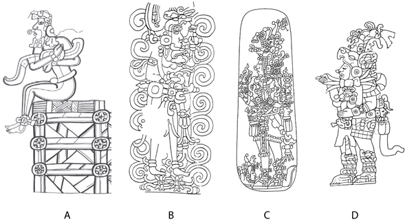 Imágenes de gobernantes tempranos. A) Detalle del mural poniente de la Estructura Sub-IA de San Bartolo. Dibujo de Heather Hurst, tomado de Taube et al., 2010: Fig. 39B; B) Relieve de la Estructura H Sub-10 de Uaxactún. Dibujo tomado de Valdés, 1989: figura 11; C) “Celta de Leiden”. Dibujo de J. Montgomery, tomado de www.famsi.org; D) Relieve de San Diego. Dibujo de Linda Schele, tomado de www.famsi.org