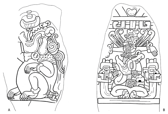 Estelas de Izapa. A) Estela 6; B) Estela 11. Ambos dibujos de Áyax Moreno