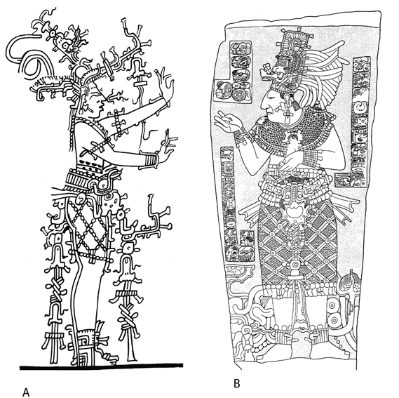 Falda de red. A) Dios del maíz en vaso de estilo Holmul. Dibujo de Oswaldo Chinchilla. Tomado de Chinchilla, 2011: Fig. 32a; B) Estela de Yomop. Dibujo de Nikolai Grube, tomado de Mayer, 1995: figura 141.