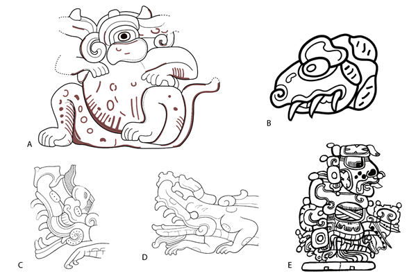 Figuras de cocodrilos. A) Segmento 3 del friso de Balamkú. Dibujo de Daniel Salazar; B) Detalle de la “Vasija de Tayasal”. Dibujo de Daniel Salazar basado en dibujo de Sven Gronemeyer, 2010: figura 1; C) Escalinata Jeroglífica 3 de Yaxchilán. Dibujo de Simon Martin, tomado de Martin, 2006a: figura 4a; D) Detalle de concha tallada de procedencia desconocida. Dibujo de Simon Martin, tomado de Martin, 2006a: figura 4d; E) Cocodrilo y dios K’inich en el mural de la Tumba 1 de Río Azul. Dibujo tomado de Hellmuth, 1987: figura 592.