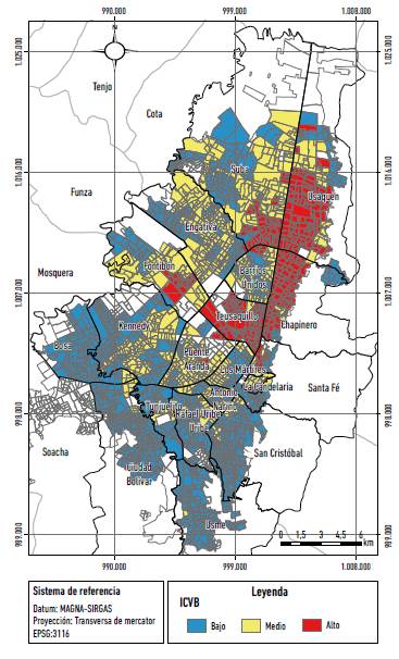 Bogot&aacute;: patr&oacute;n espacial del ICVB por secci&oacute;n censal. 