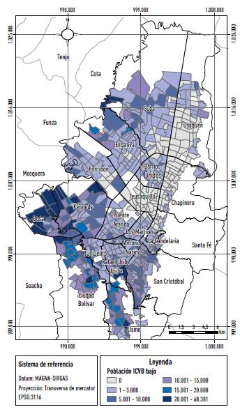 Distribuci&oacute;n de poblaci&oacute;n seg&uacute;n ICVB bajo en sectores censales.