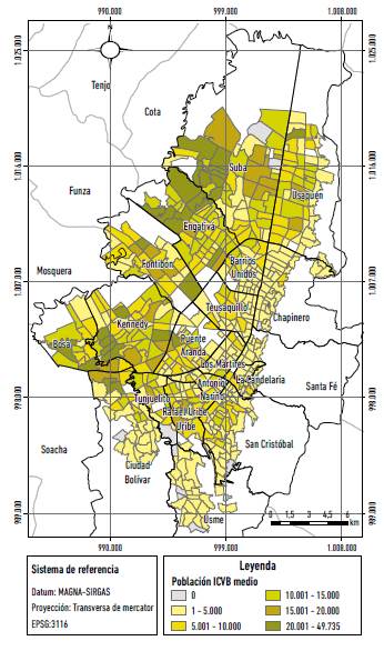 Distribuci&oacute;n de poblaci&oacute;n seg&uacute;n ICVB medio en sectores censales.