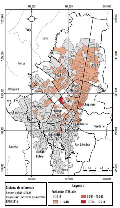 Distribuci&oacute;n de poblaci&oacute;n seg&uacute;n ICVB alto en sectores censales.