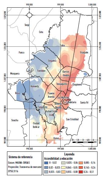 Bogot&aacute;: indicadores de accesibilidad a equipamientos de educaci&oacute;n.
