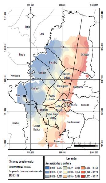 Bogot&aacute;: indicadores de accesibilidad a equipamientos de cultura.