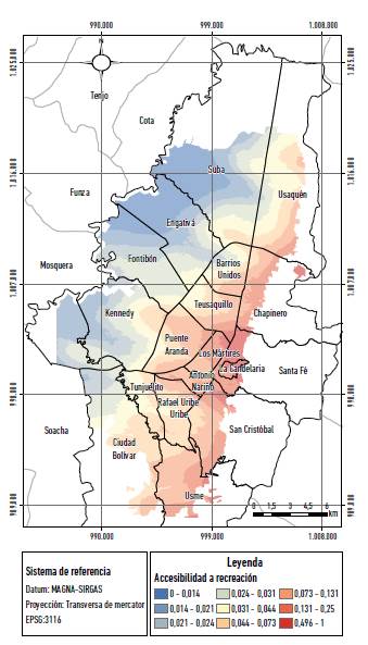 Bogot&aacute;: indicadores de accesibilidad a equipamientos de recreaci&oacute;n.